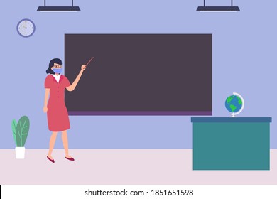 Copyspace vector concept: Female teacher wearing facemask holding a pointer standing next to an empty blackboard in a classroom