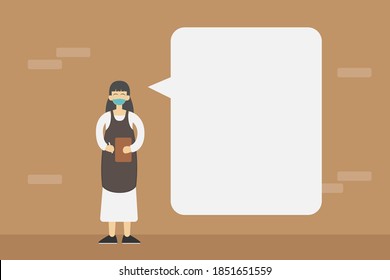 Copyspace vector concept: Female waiter wearing facemask and apron holding a menu standing next to a blank text bubble for your text