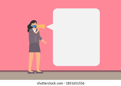 Copyspace vector concept: Woman wearing facemask holding a megaphone standing next to a blank text bubble for your text