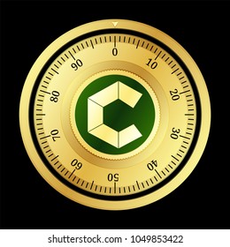 Copytrack (CPY) cryptocurrency safe lock. Eps10 vector illustration isolated on black background.