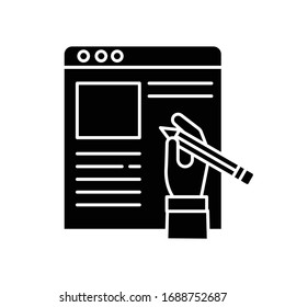Copywriter, artículo autor negro glifo icono. Periodista independiente y editor remoto. Ensayo de escritura y edición, periodismo. Símbolo de silueta en el espacio blanco. Ilustración aislada de vectores