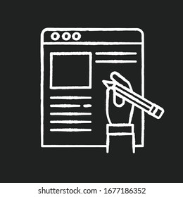 Copywriter, article author chalk white icon on black background. Freelance journalist and editor. Essay writing and editing, journalism and storytelling. Isolated vector chalkboard illustration