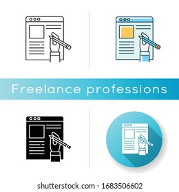 Copywriter, article author icon. Professional freelance journalist and remote editor. Essay writing and editing, journalism. Linear black and RGB color styles. Isolated vector illustrations