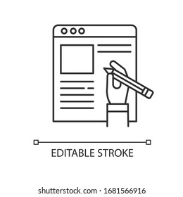 Copywriter, artículo autor píxel perfecto icono lineal. Ensayo de escritura y edición, periodismo. Ilustración personalizable en línea delgada. Símbolo de contorno. Dibujo de contorno aislado del vector. Trazo editable