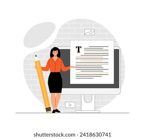 Copywriter with article on the web page. Woman creates interesting content for websites and social networks. Illustration with people scene in flat design for website and mobile development.
