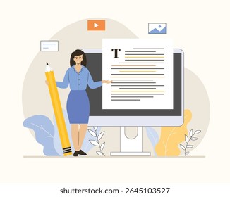 Copywriter com o artigo na página da Web. Mulher cria conteúdo interessante para sites e redes sociais. Ilustração de vetor plano.