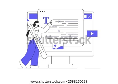 Copywriter with article on the web page. Woman creates interesting content for websites and social networks. Flat Cartoon Vector Illustration, icon. Stylish abstract design for website
