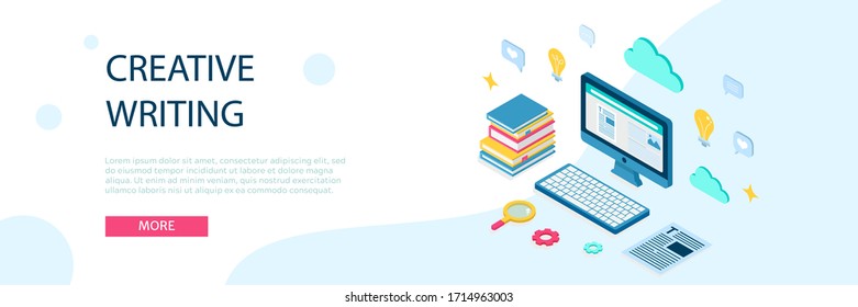 Copywriter, author or blogger banner concept. Creative writing for freelance and marketing web site. Vector isometry illustration for landing page template, article, blog, internet service