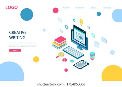 Copywriter, author or blogger concept. Creative writing for freelance and marketing web site. Vector illustration for landing page template, article, blog, internet service and banner
