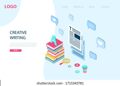 Copywriter, author or blogger concept. Creative writing for freelance and marketing web site. Vector illustration for landing page template, article, blog, internet service and banner