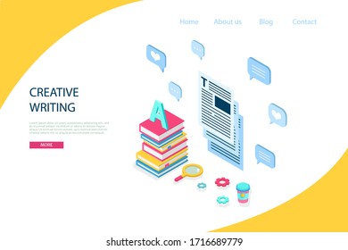 Copywriter, author or blogger concept. Creative writing for freelance and marketing web site. Vector illustration for landing page template, article, blog, internet service and banner