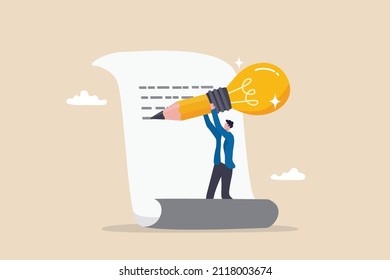 Copywriter or blogger, creative idea and inspiration to begin writing, imagination to success in work, talent and skill concept, smart young man using big pencil with lightbulb idea writing on paper.