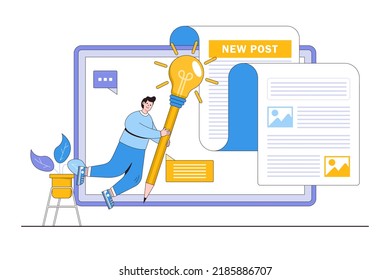 Copywriter or blogger, creative web writer, imagination to make content, talent and skill concepts. Freelance man using big pencil with lightbulb idea to create new post or article for social media.
