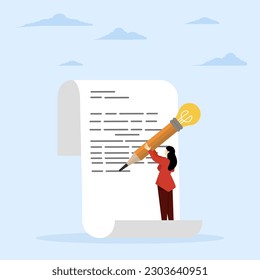 Copywriter or blogger, imagination to succeed in work, talent and skills concept, creative and inspirational idea to start writing, smart woman using big pencil with light bulb idea to write on paper.