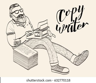 Copywriter, blogger, journalist. Doodle vector illustration of a hipster man with beard, tattoos and glasses typing on a typewriter creating content, writing an article for blog. Line art drawing.
