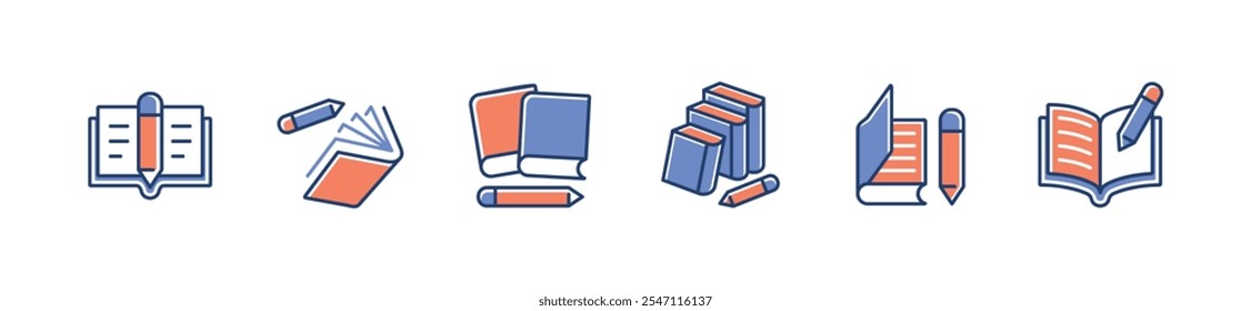 copywriter book and pencil icon set education study research writing with crayons signs vector illustration