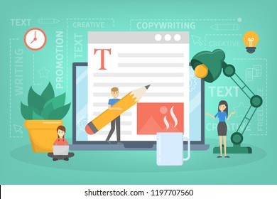 Copywriter concept. Idea of writing texts, creativity and promotion. Making valuable content and working as a freelancer. Text post in the internet. Vector flat illustration