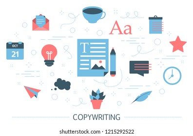 Copywriter concept. Idea of writing texts, creativity and promotion. Making valuable content and working as freelancer. Set of colorful icons. Isolated flat vector illustration