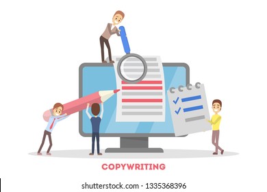 Copywriter concept. Idea of writing texts, creativity and promotion. Making valuable content and working as a freelancer. Text post in the internet. Isolated vector flat illustration