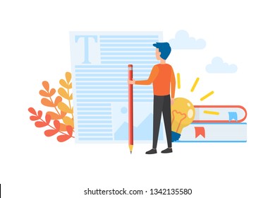 Copywriter concept. Idea of writing texts, creativity and promotion. Making valuable content and working as a freelancer. Text post in the internet. Vector flat illustration
