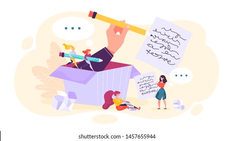 Copywriter concept. Idea of writing texts, creativity and promotion. Making valuable content and working as freelancer. Vector illustration in cartoon style