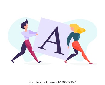 Copywriter concept. Idea of writing texts, creativity and promotion. Making valuable content and working as freelancer. People holding paper sheet. Vector illustration in cartoon style