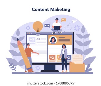 Copywriter concept. Idea of writing texts, creativity and promotion. Making valuable content and working as freelancer. Vector illustration in cartoon style