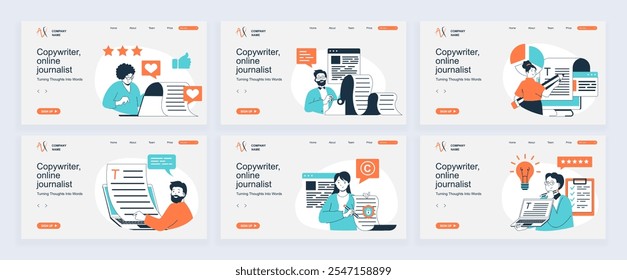 Concepto de copiadora de página de destino con Plantillas de diapositivas en diseño plano. Encabezados de Sitio web con personas que trabajan como periodistas en línea, escriben artículos, hacen publicaciones en las redes sociales. Ilustraciones vectoriales.