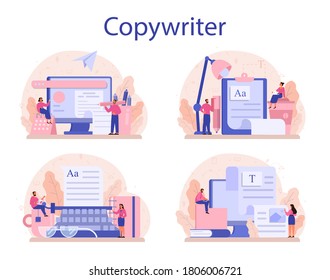 Copywriter concept set. Idea of writing texts, creativity and promotion. Making valuable content and working as freelancer. Vector illustration in cartoon style