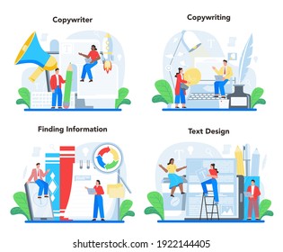 Copywriter concept set. Writing and designing texts, creativity and promotion idea. Finding information and making valuable content. Vector flat illustration