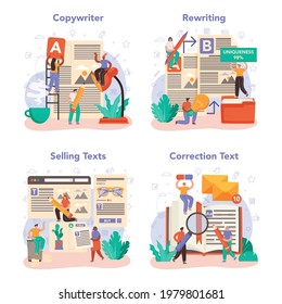 Copywriter concept set. Writing and designing texts for business promotion or press release. Finding information and making valuable content, creativity and promotion idea. Vector flat illustration