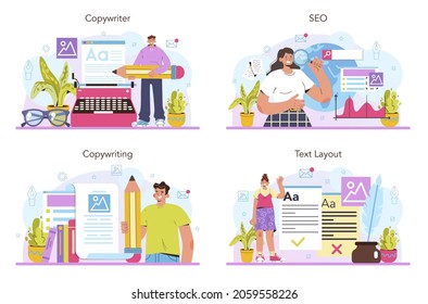 Copywriter concept set. Writing texts and layout designing for business promotion or press release. Finding information and making valuable content. Marketing technology. Vector flat illustration