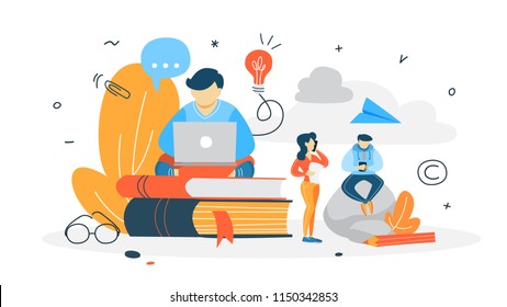 Copywriter Concept. Writing Creative Article In Blog. Social Media Promotion. Freelance Work. Flat Vector Illustration