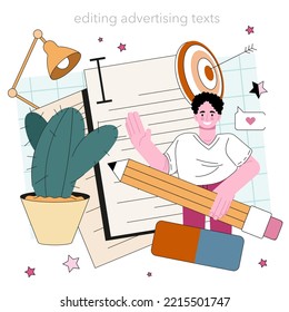 Copywriter concept. Writing texts and articles for business promotion or press release. Marketing materials and technology development. Vector flat illustration