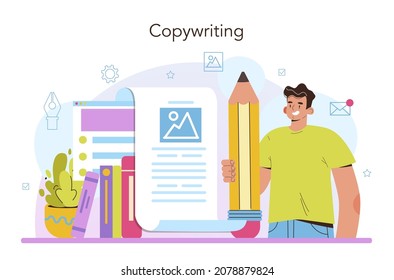 Copywriter concept. Writing texts and layout designing for business promotion or press release. Finding information and making valuable content. Marketing technology. Vector flat illustration