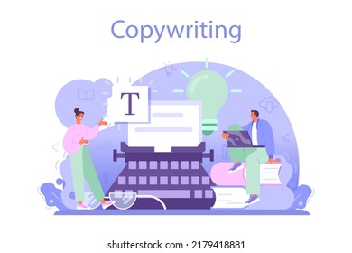 Copywriter concept. Writing texts and layout designing for business promotion or press release. Finding information and making valuable content. Marketing technology. Vector flat illustration