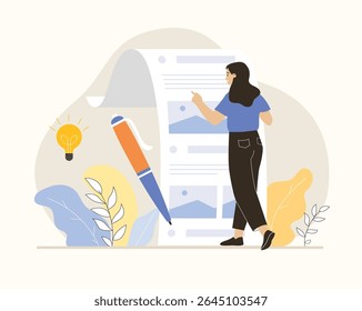 Copywriter, content manager, blogger write for social networks. Woman create promotion in social networks and interesting content. Flat vector illustration.	
