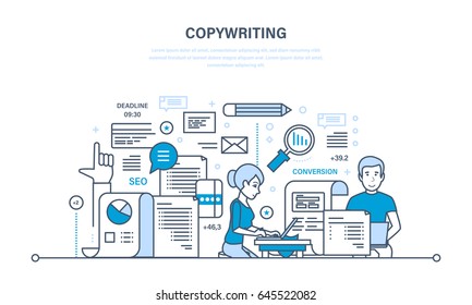 Copywriter and copywriting. Creative writing of articles and information, seo website promotion, work in office and freelance. Illustration thin line design of vector doodles, infographics elements.