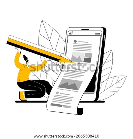 A copywriter creates content for social networks. Vector illustration on the topic of promotion in social networks and the creation of interesting content.