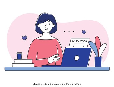 Copywriter Creating Blog. Young Girl Sitting At Laptop. Freelancer And Remote Worker. Creative Personality And Talented Author. Make Money Online And Create Content. Cartoon Flat Vector Illustration