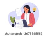 Copywriter and Creative Content Creation. A Professional Woman Writing Engaging Text, Highlighting the Importance of Content Strategy for Digital Marketing. Flat Vector Illustration