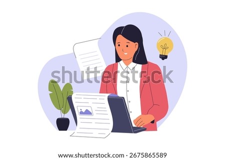 Copywriter and Creative Content Creation. A Professional Woman Writing Engaging Text, Highlighting the Importance of Content Strategy for Digital Marketing. Flat Vector Illustration