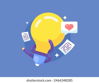 copywriter and creative worker concept. creative writer and content creator. ideas and inspiration. illustration of a lamp with pencil, paper and like symbols. symbol or icon. illustration concept 