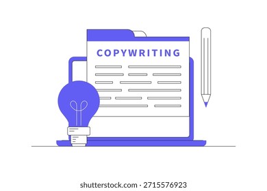 Copywriter concepto de trabajador creativo. Escritor, periodista, bloguero. Creador de contenido. Trabajo y profesión. Ilustración vectorial plana de la historieta, icono Web elegante de la página de aterrizaje del diseño abstracto