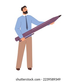 Copywriter or editor with pencil, isolated male personage writing or drawing. Man journalist or teacher, student. Flat cartoon character, vector illustration