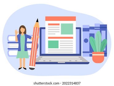 Copywriter freelance and blogger author create online article content concept vector illustration. Female writing web content on computer.