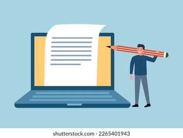 Copywriter freelance and blogger author create online article content concept vector illustration. Male writing web content on computer.