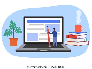 Copywriter freelance und Blogger Autor erstellen Online-Artikel Inhalt Konzept Vektorgrafik. Männlich schreibt Web-Inhalte auf dem Computer.