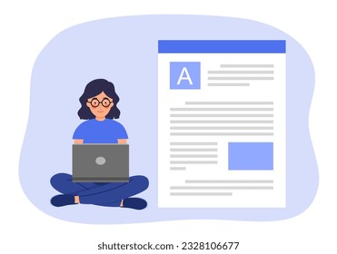 Autor de derechos de autor independiente y autor blogger crean un artículo en línea concepto de ilustración vectorial. Escribiendo contenido web en el equipo.