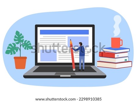Copywriter freelance and blogger author create online article content concept vector illustration. Male writing web content on computer.